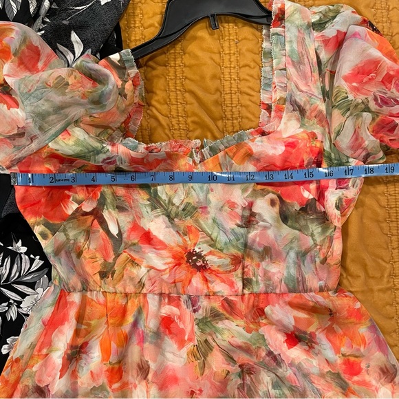 Abstract Floral Printed Chiffon Mini Dress - Melon - SIZE 8 - Picture 12 of 13